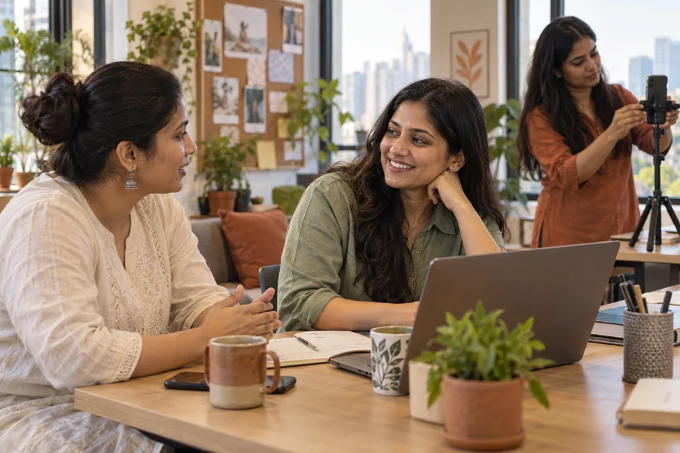 Illustrative women collaborating on office content and feedback